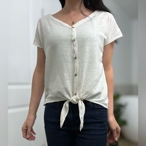 Rachel Zoe Off-White Button-Down Tie-Front Linen Top